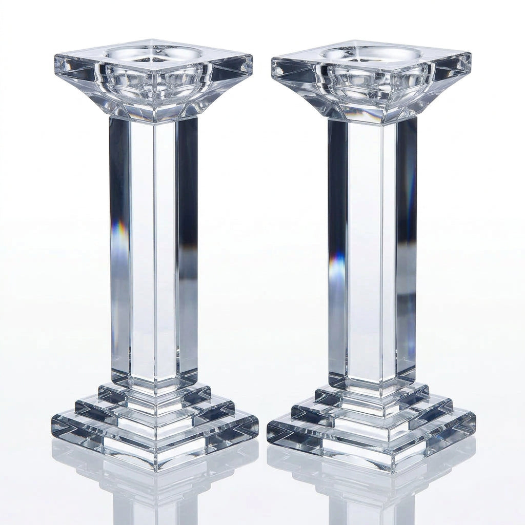 Pair Of Crystal Cut Square Pillar Candle Sticks - SECONDS