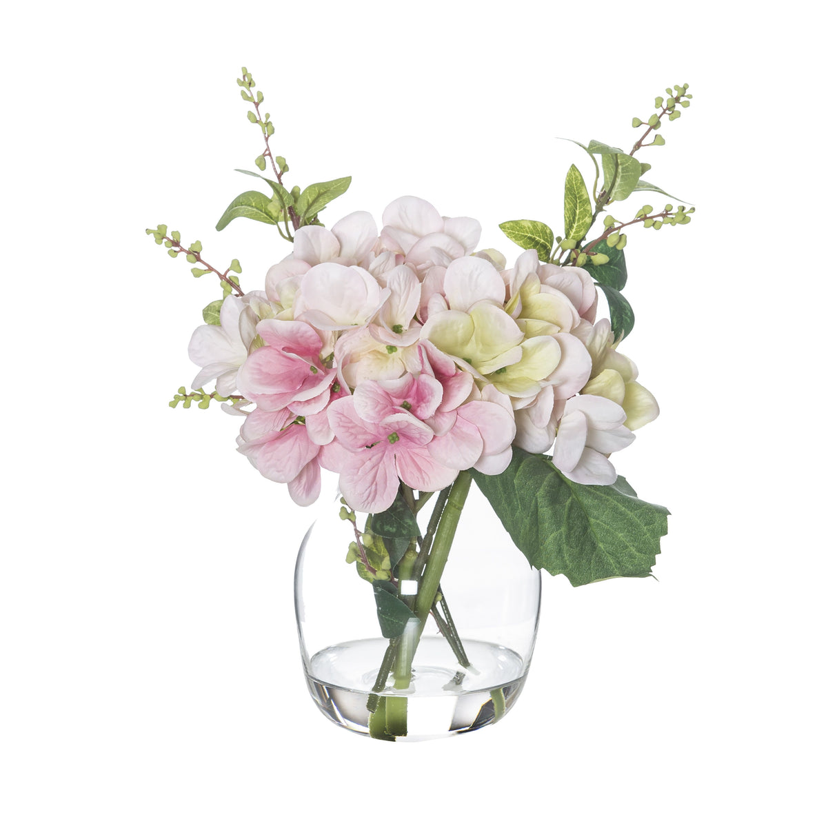 Small Pink Hydrangea And Berry Mix In Glass Vase - EX DISPLAY