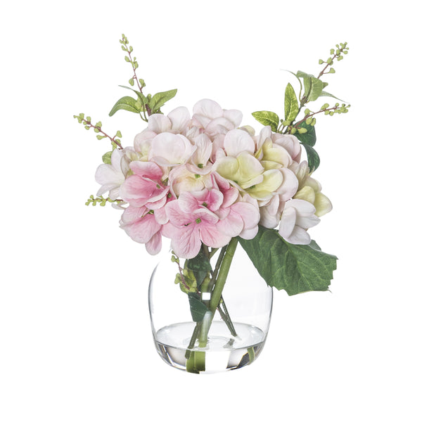 Small Pink Hydrangea And Berry Mix In Glass Vase