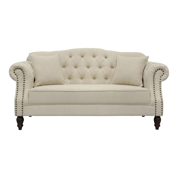 Beige Linen Chesterfield Two Seater Sofa With Studs