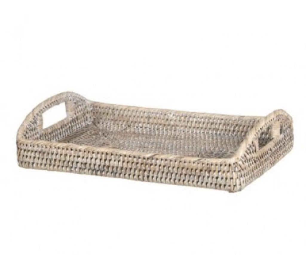 Rattan Tray With Arched Handles In Small - White Washed
