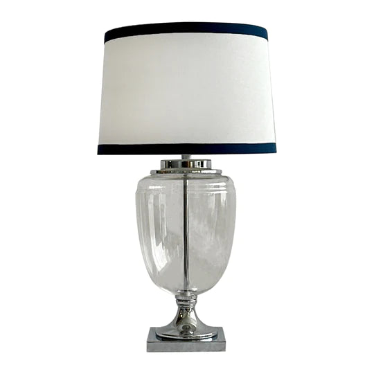 Bella Glass and Nickel Lamp with White Linen Shade and Navy Trim