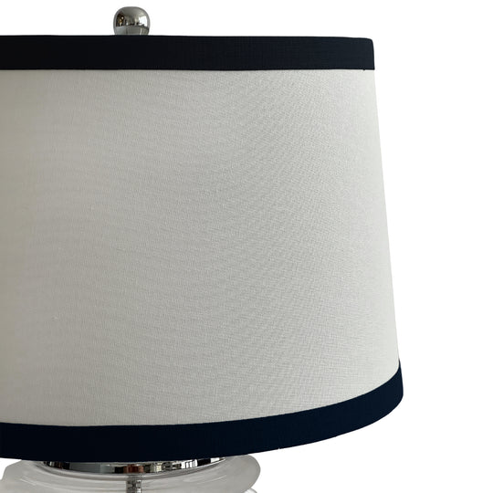 Bella Glass and Nickel Lamp with White Linen Shade and Black Trim