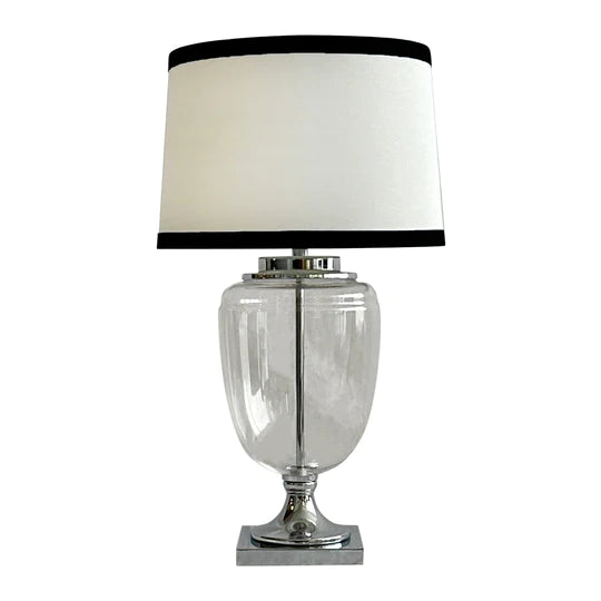 Bella Glass and Nickel Lamp with White Linen Shade and Black Trim