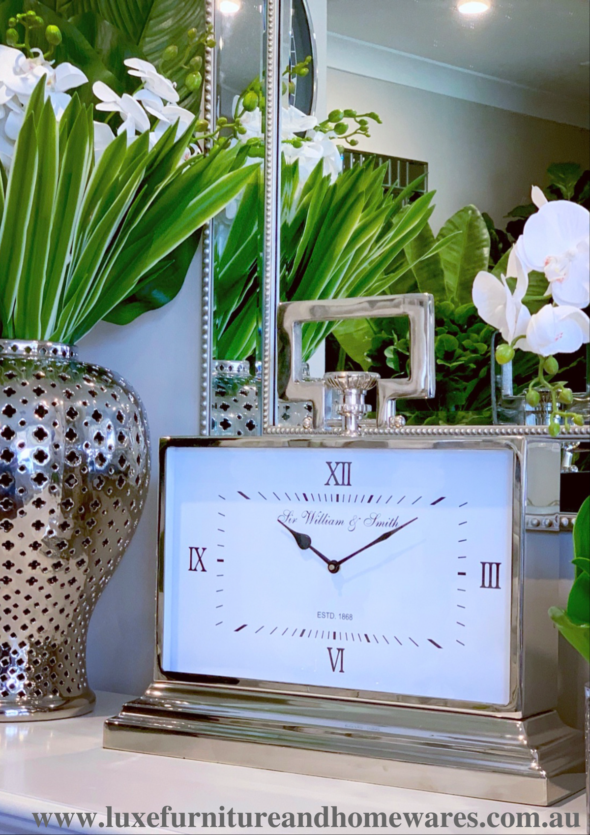 Luxury Extra Large Silver Nickel Mantle Clock In White - SECONDS