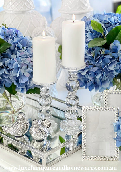 Pair Of Glass Candle Sticks With White Flameless Candles