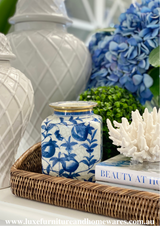 Blue & White Peach Pattern Square Jar With Gold Trim