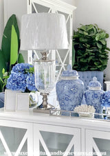 Luxurious Glass Nickel Lamp With White Linen Shade