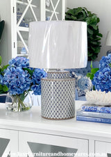 Small Blue & White Lattice Lamp with White Shade