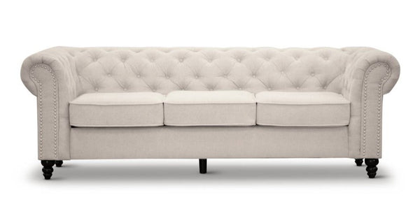 Royal Beige Linen Three Seater Chesterfield Sofa With Silver Studs